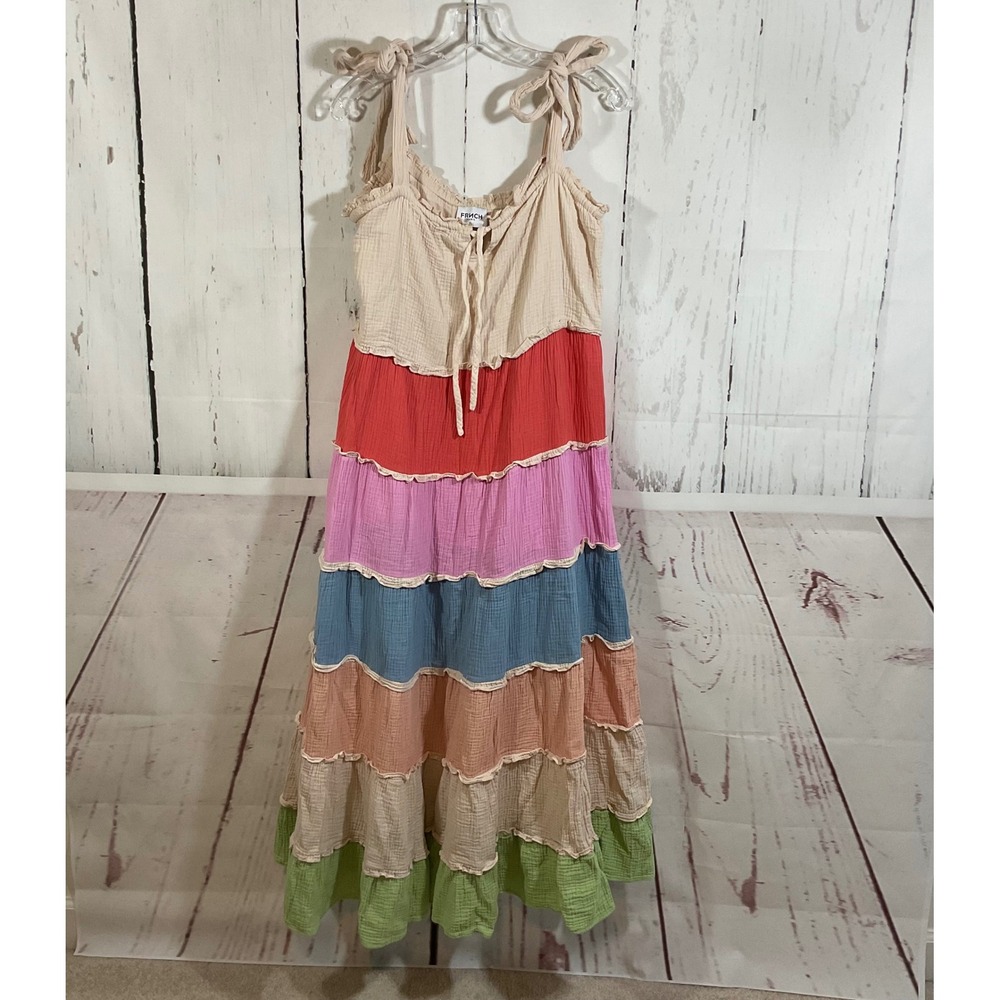Womens Tiered Rainbow Gauze Midi Dress L Cottage Prairie Colorblock Tie Shoulder